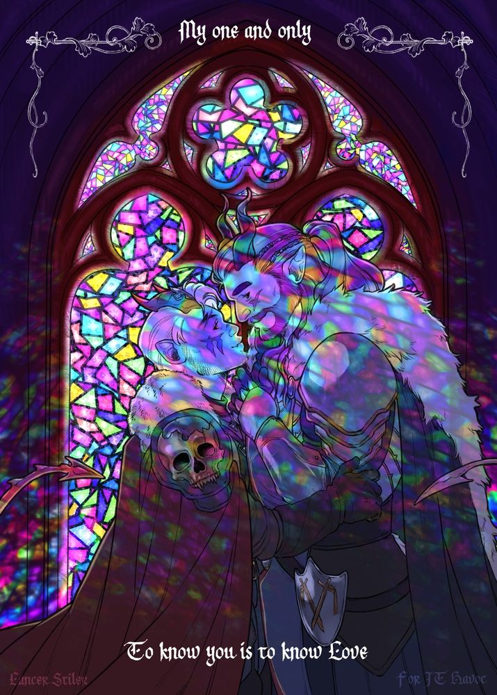 Illustration of Fridley and Tyr looking at each other lovingly in front of a stained glass, the light filling the scene with color fragments. It says "My one and only, to know you is to know Love"