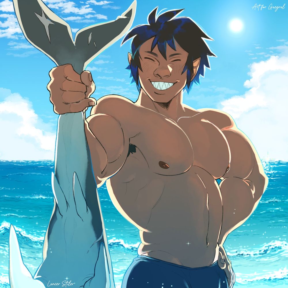 A shirtless guy holding up a shark he got like an animal crossing character. He's in a beach with a calm sea and sunny day