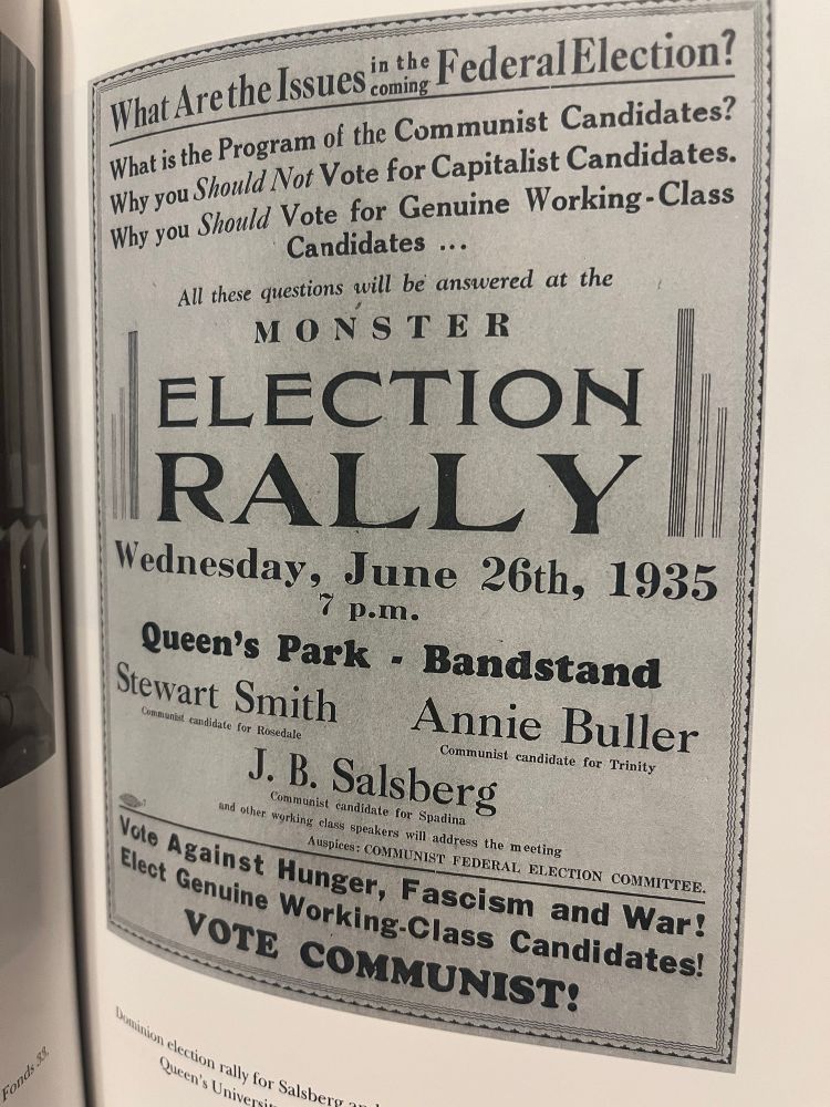 Reproduction of a poster for an election rally in 1935, sponsored by three communist candidates, including JB Salsberg. It says, “Vote Against Hunger, Facism and War! Elect Genuine Working Class Candidates!” 