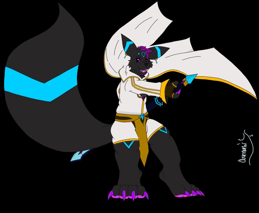 An anthropomorphic shiny Umbreon wearing a warrior like outfit about to unsheath his sword.