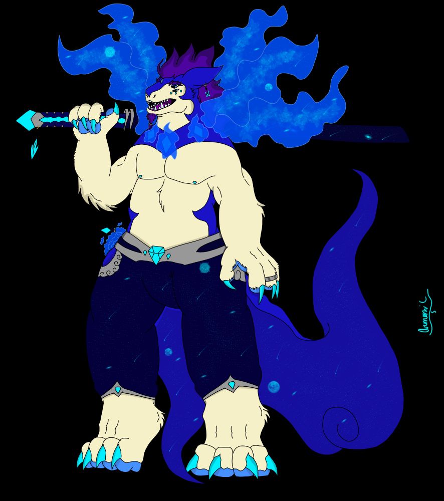 A drawing of my and Raiden’s anthropomorphic male Hisuian Typhlosion OC holding a celestial sword over his shoulder. 