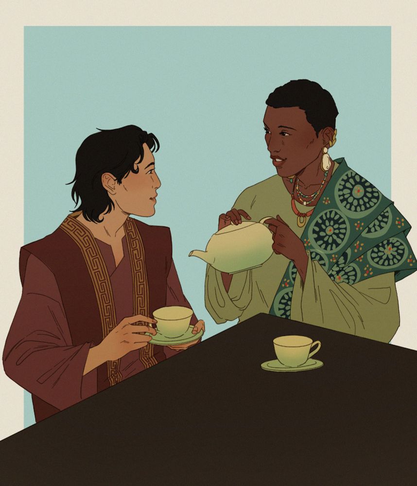 Illustration of Enitan (right) and Xiang (left), two of the main characters of The Splinter in the Sky. Enitan is a Black woman with short black hair and warm brown skin. She wears a green tunic with a patterned shoulder scarf. Xiang is an East Asian person with shoulder-length black hair and light copper skin. They wear a reddish-brown tunic with a slightly darker gilet. They're drinking tea together.