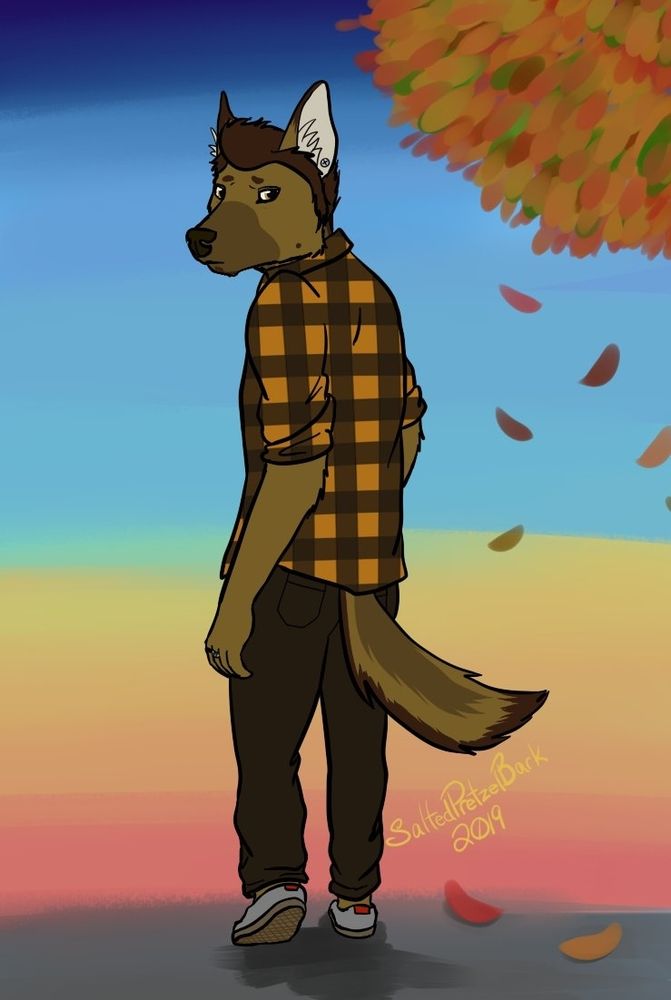A colored sketch of Luke, an anthropomorphic german shepherd wearing an orange and black flannel shirt and dark jeans. He is walking away from the camera, but looking back toward it like this is the last time you'll see them in the 90's teen drama. A roughly painted sunset lights the background, with a tree dropping leaves on the right side of the frame.