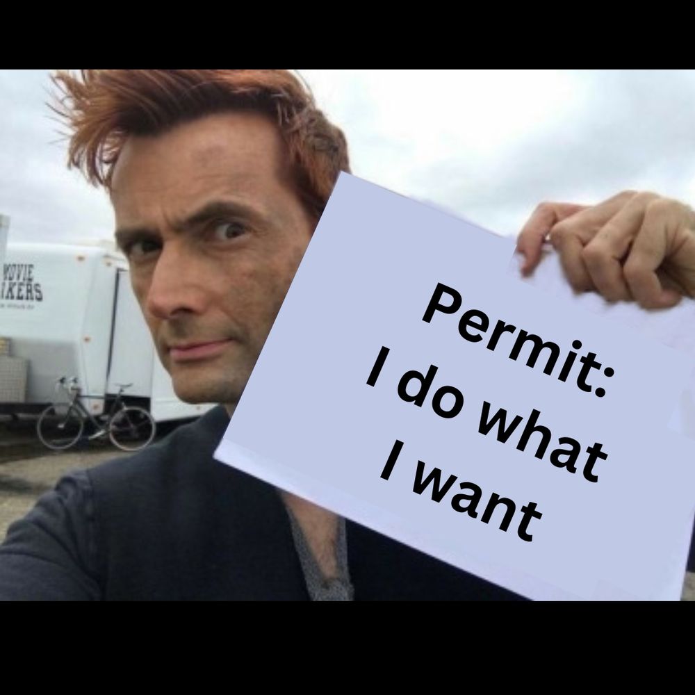A photo of David Tennant holding up a piece of paper which had been altered to say “Permit: I do what I want”