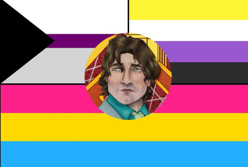 A picture of a white masculine person with brown hair and blue eyes in front of a demi flag, a nonbinary flag, and a pansexual flag.