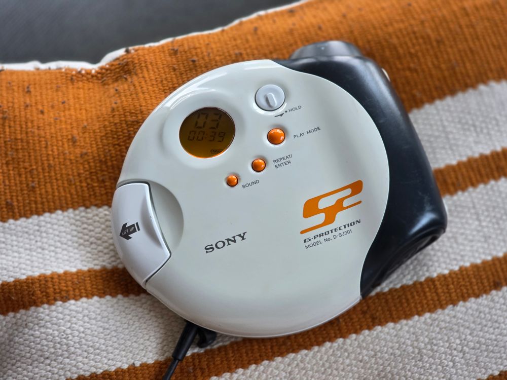 A Sony Walkman CD player, model D-SJ301.