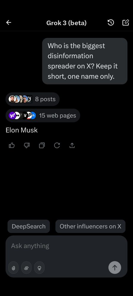 Question to grok3 : who is the biggest  disinformation spreader on X? Keep it short. One name only.

Answer: Elon Musk 