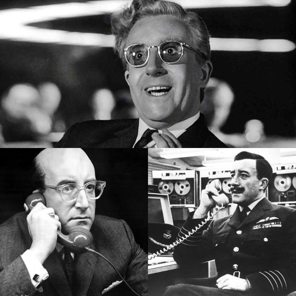 Collage of three back and white movie stills from Dr Strangelove featuring Peter Sellers as Dr Strangelove, President Merkin Muffley, and Group Captain Lionel Mandrake