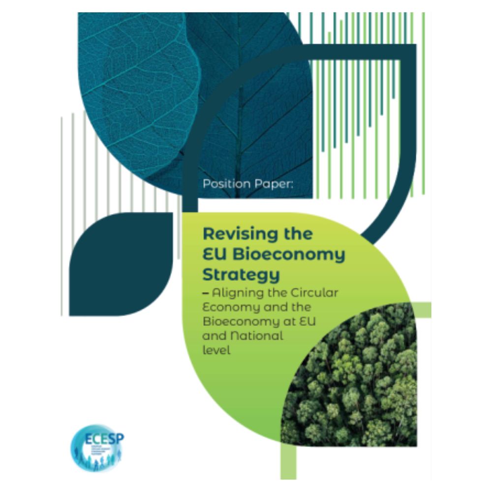 Leaf shapes and the text 'Revising the EU Bioeconomy Strategy - Aligning the Circular Economy and the Bioeconomy at EU and National Level', with the ECESP logo