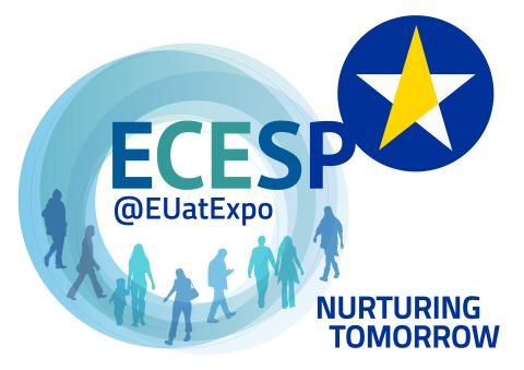 A blue, circular logo with images of people, with the the text "ECESP @EUatExpo". A yellow and white star in a blue circle and below it the text "Nuturing tomorrow"