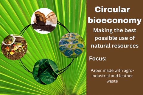  "Circular bioeconomy – making the best possible use of natural resources. Focus: paper made with agro-industrial and leather waste". Images of coffee grounds, food waste, banana leaves and sewage ponds.