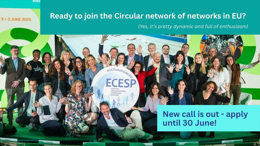 Group of smiling people on a stage around the ECESP's circular logo, with the text "Ready to join the circular network of networks in EU? New call is out - apply until 30 June