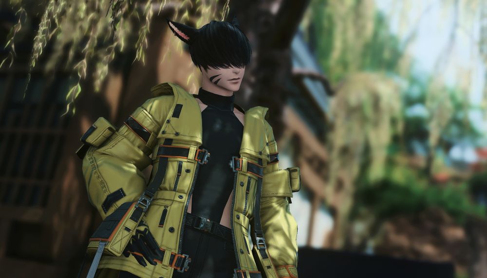 screenshot of my moonkeeper catboi in FFXIV, showing off the new OC haircut and the current gatherers gear