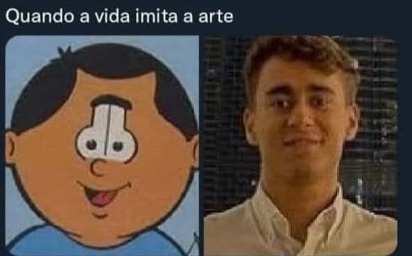Montagem com uma foto do Dudão (personagem de quadrinhos evangélicos) e uma do Nikolas Ferreira lado a lado com a legenda "Quando a vida imita a arte"