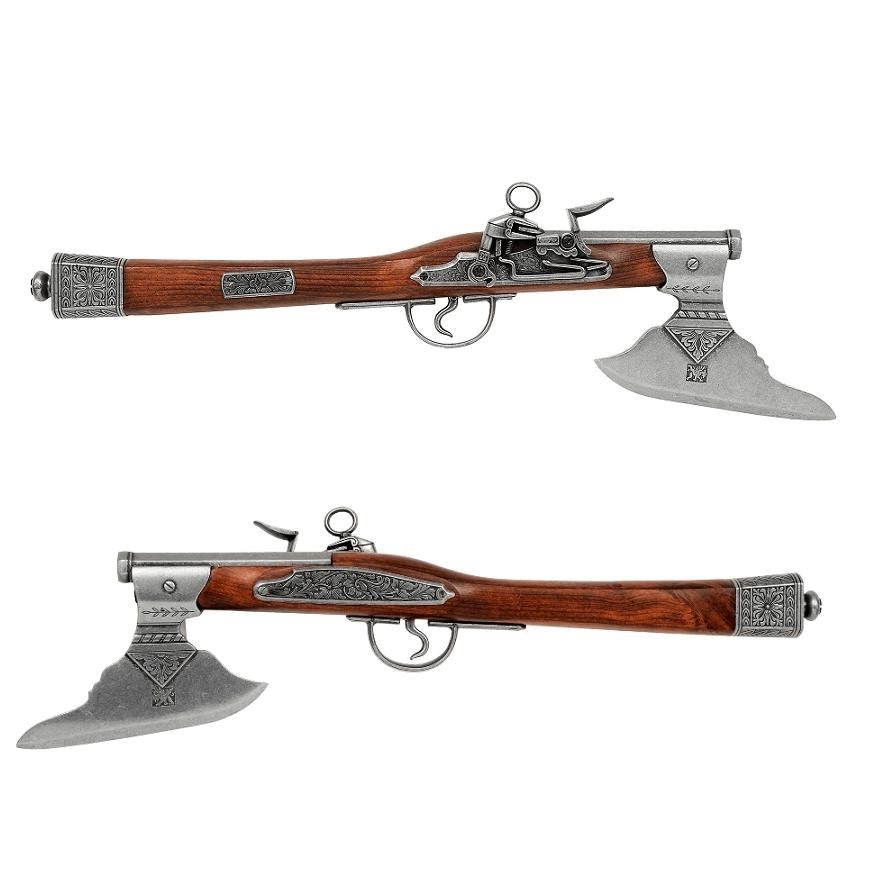 sideway view of an axegun a mix of what looks like a wooden handle hatchet and a flintlock pistol