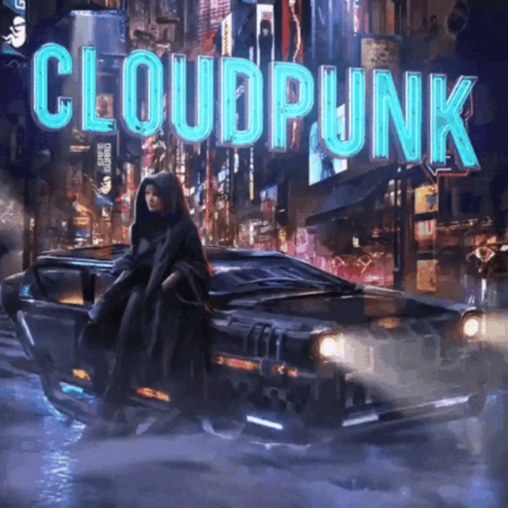 a painting of a woman sitting on a futuristic car with the word cloudpunk above her