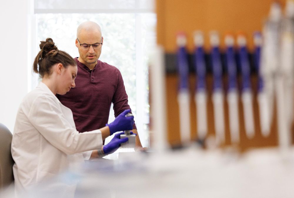 Two individuals, one in a lab coat and gloves, working together in a laboratory setting.