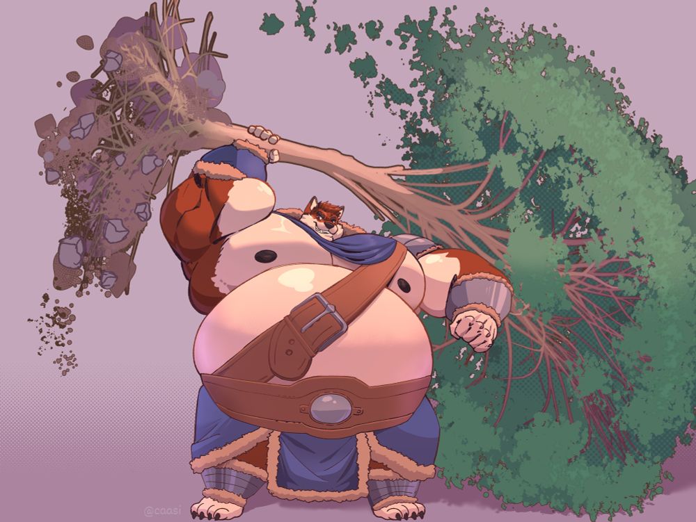 A bulky musclegutted wolf lifting a tree high up into the air, getting ready to use it as a weapon. It was recently uprooted by him as evident by the dirt still being on the roots. 