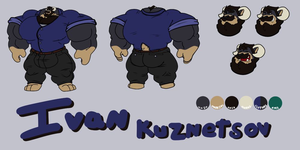 A reference of Ivan Kuznetsov, a beefy andromorphic ram, clothed.
