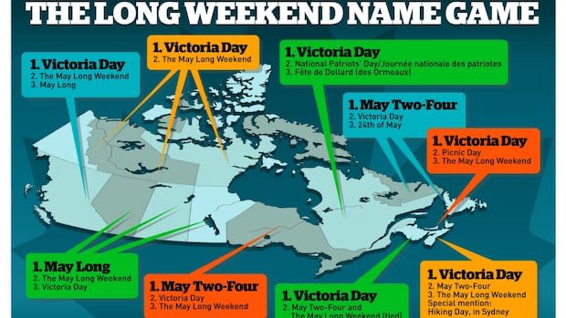 Map of Canada showing different names for the Victoria Day long weekend.
