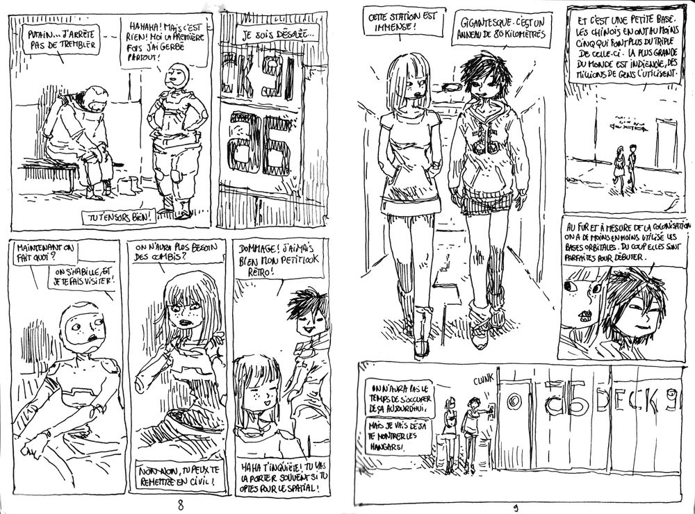 Une double-page de l'album, où les deux jeunes femmes (personnages principaux) quittent leurs combinaisons spatiales et marchent dans une station orbitale en discutant.