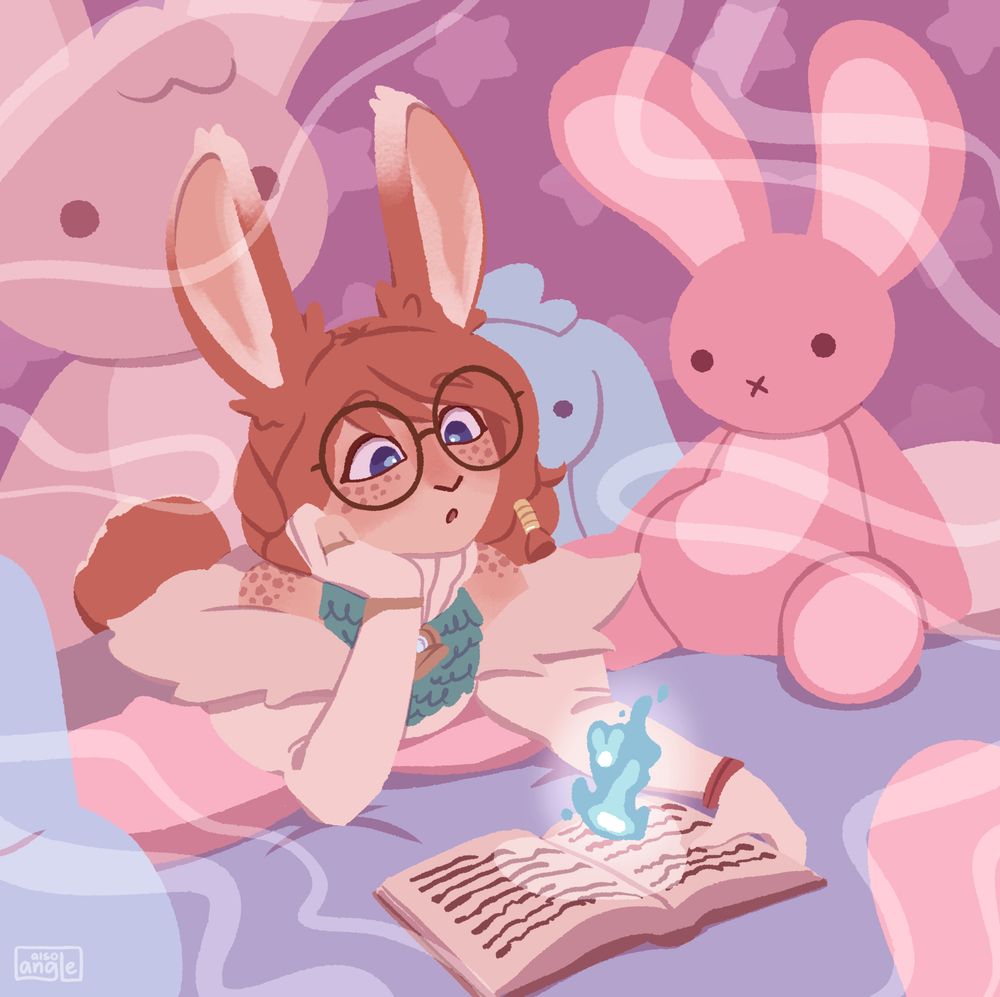 Aurora is laying on her stomach on a bed, looking at an open book with a blue wisp. There are pink and blue bunny plushies around her on the bed.