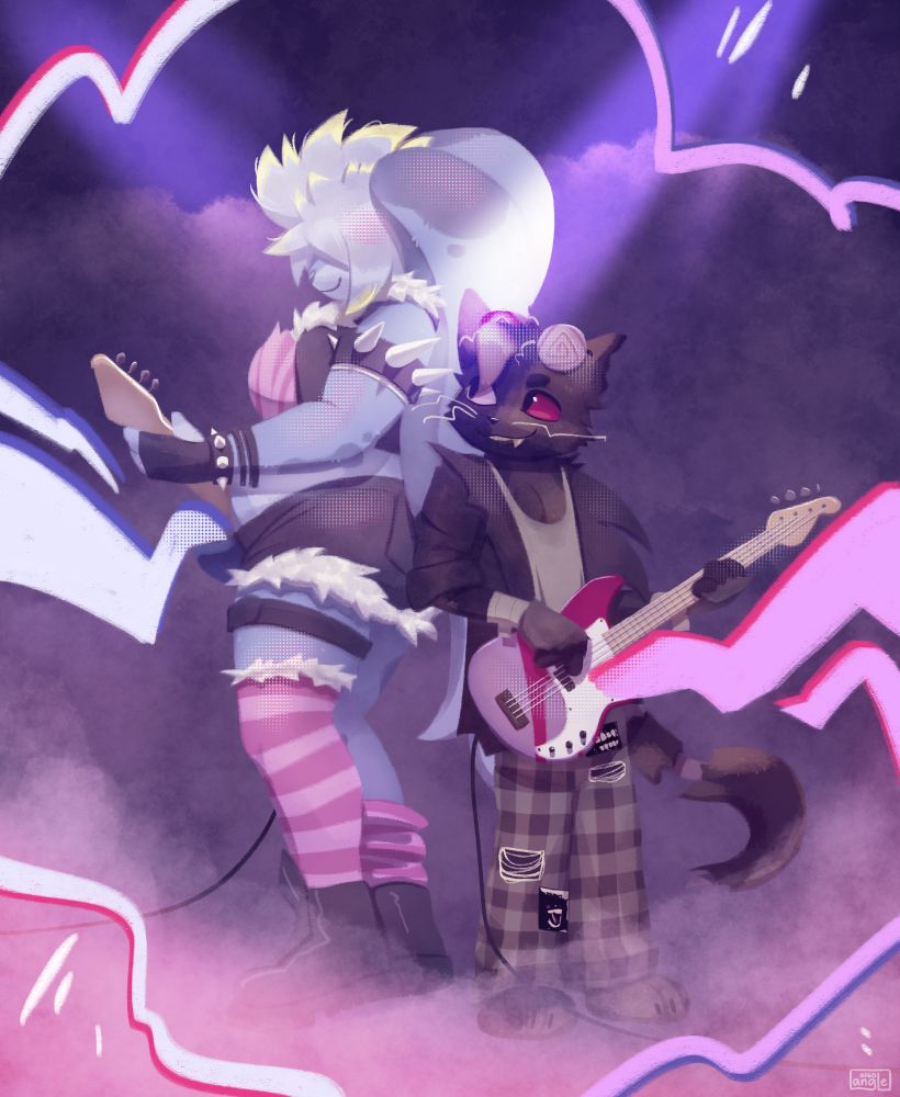 Iris and Gadwick jamming out with electric basses.