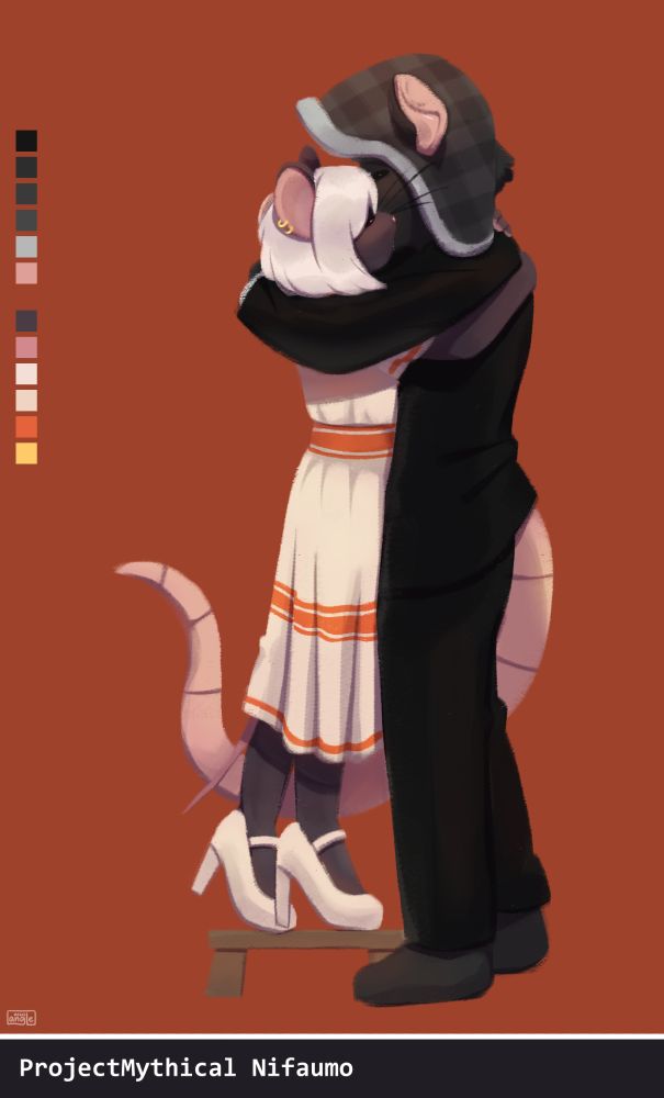 Feriado and Remold are standing up, hugging and making out. Feriado is on a stepping stool.