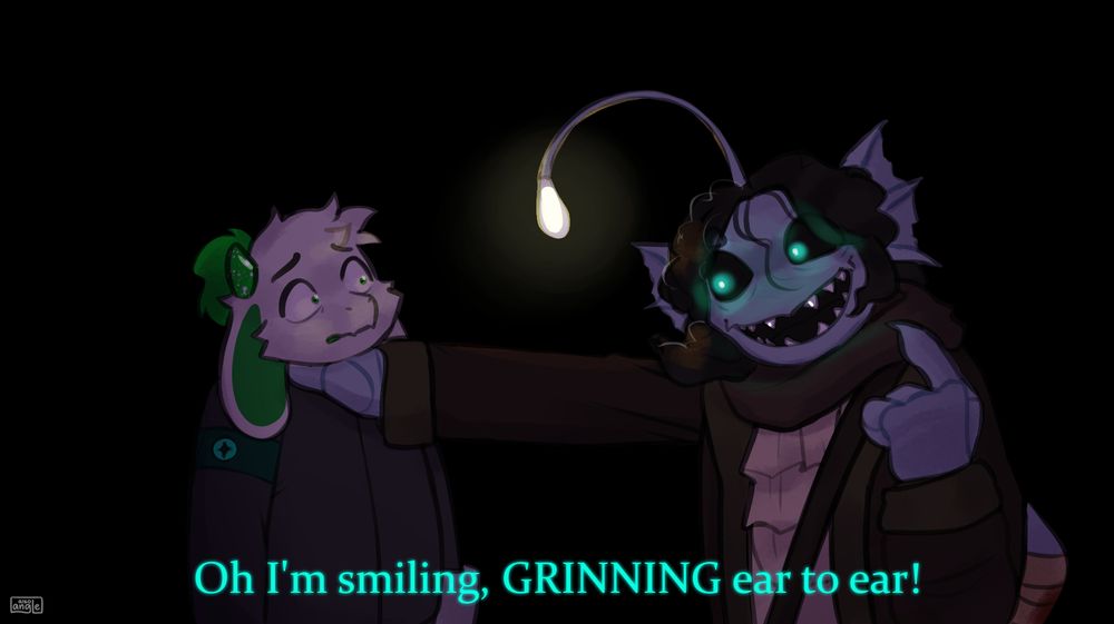 Sebastian Solace is holding Ren up by his neck. Sebastian is pointing at his face with his other arm, a toothy grin on his face.
