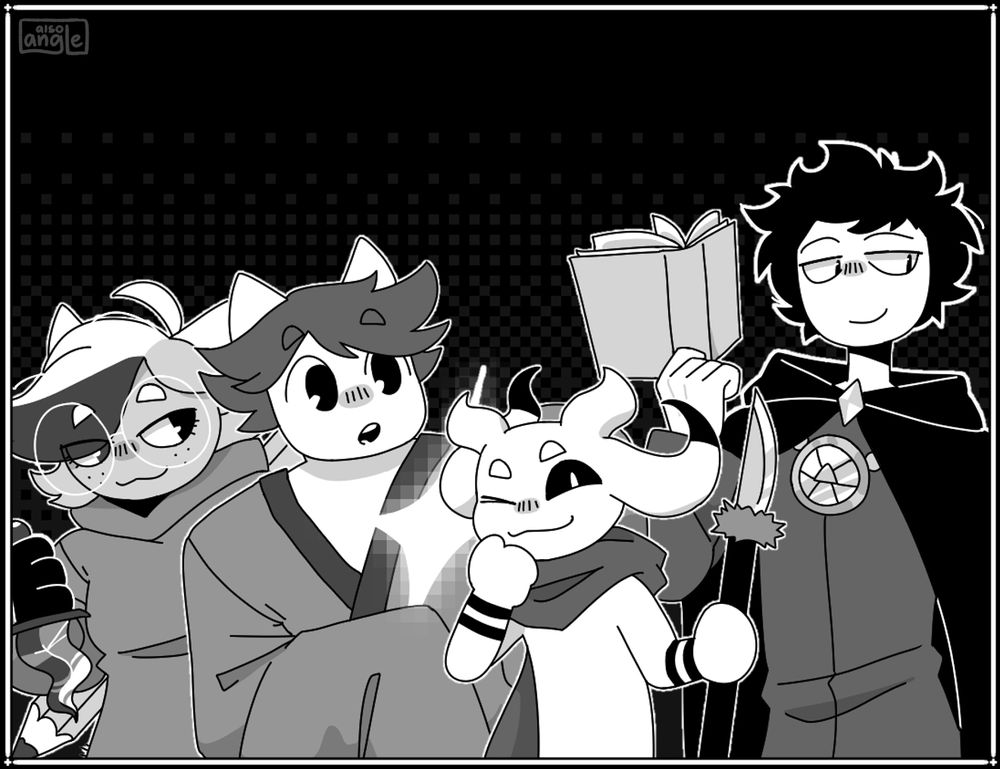 Cherry, Aries, Izel, and Gabriel are posing together and holding their weapons. Cherry is holding a wavy dagger, Aries is holding a bright star, Izel is holding a spear, and Gabriel is holding a book. 
