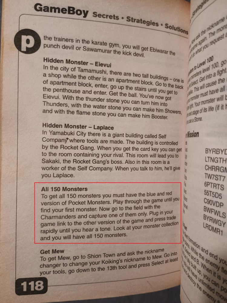 Page 118 of the guide, section on "Pocket Monsters". The highlight secret is titled "All 150 Monsters". It reads, "To get all 150 monsters you must have the blue and red version of Pocket Monsters. Play through the game until you find your first monster. Now go to the field with the Charmanders and capture one of them only. Plug in your game link to the other version of the game and press trade rapidly until you hear a tone. Look at your monster collection and you will have 150 monsters".