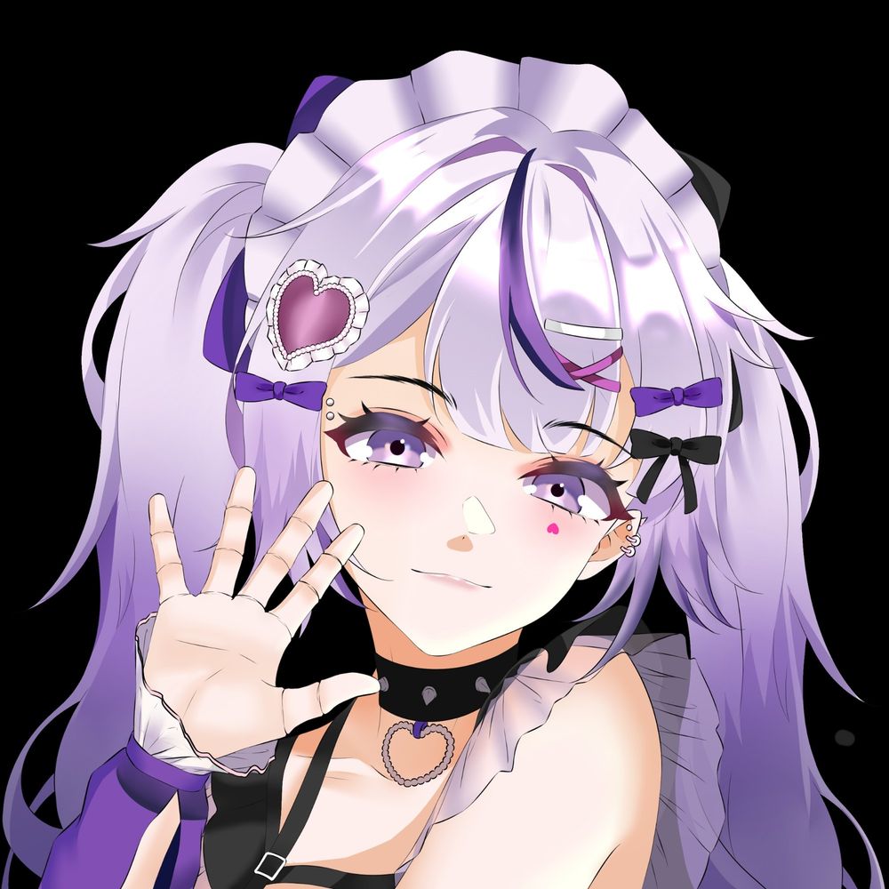 Crow dolly's vtuber model, waving and smiling at you. She has purple pigtails, and an upside down heart under her left eye♡