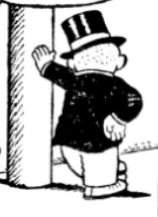 Sluggo leaning on a pole, wearing a suit and top hat, and facing away from the camera.