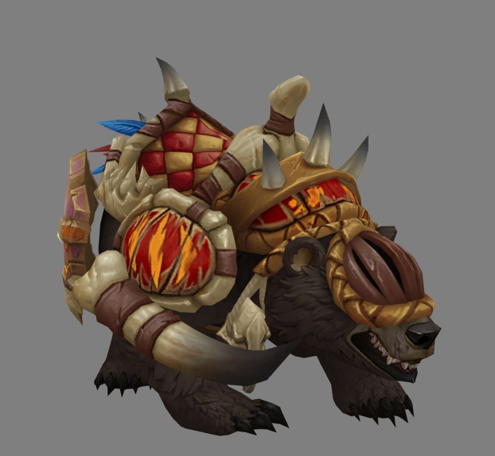 brown bear with orange, tan, and brown troll-themed saddle