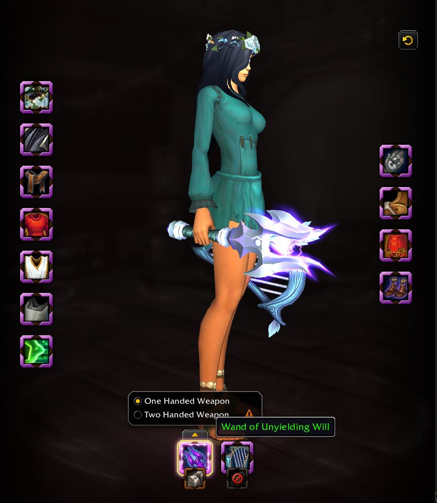 outfit display showing a dropdown option for "One-Handed Weapon" and "Two-Handed Weapon", with a tooltip over a Wand in the main hand slot.