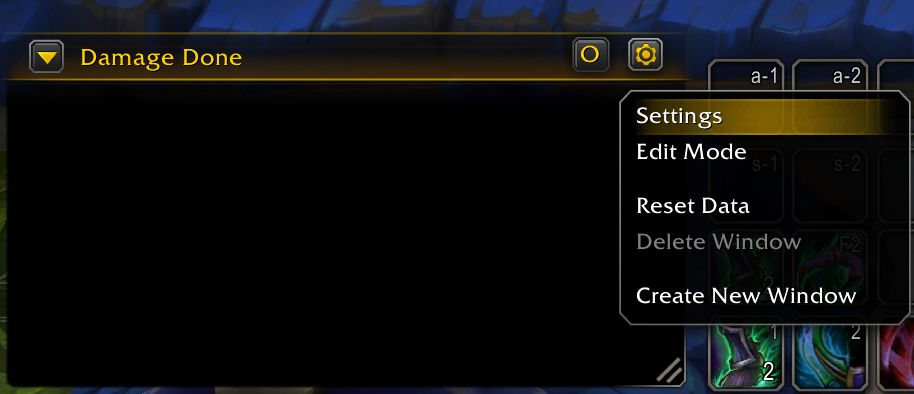Damage meter tooltip including Settings, Edit Mode, Reset Data, Delete Window, and Create New Window.
