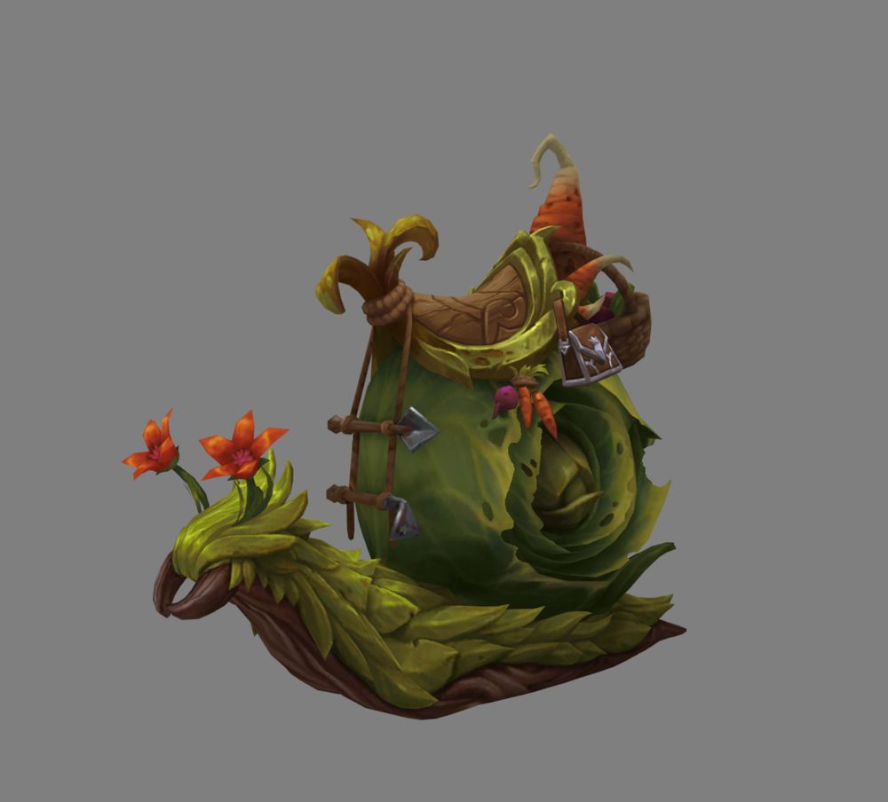 a snail mount largely constructed off plant-like parts, including the shell as a rolled-up cabbage. this snail is largely colored green.