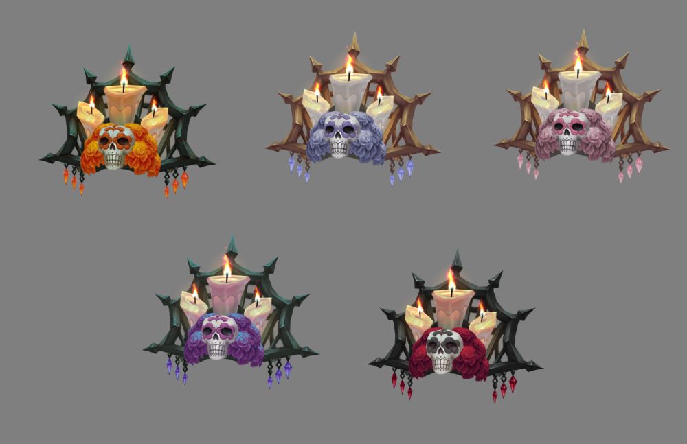 a crown item styled with flowers, candles, and a skull resting on the flowers. the skull is painted with artwork on it. each crown comes in colors of black/orange, bronze/blue, bronze/pink, grey/purple, and black/red