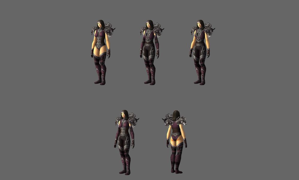 A black-colored set with variants displaying 2 chest options, 2 sleeves per chest options, and exposed thigh / legging options. The set is a higher fidelity version of an older armor set. Additional colors include purple and silver. All variants are displayed on the 2nd body type.