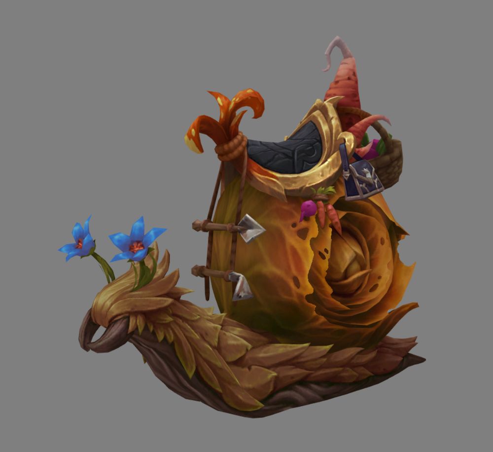 a snail mount largely constructed off plant-like parts, including the shell as a rolled-up cabbage. this snail is largely colored dark green, yellow, and brown.