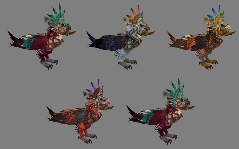 a variety of amani eagle mounts ranging in colors red, dark blue, orange/black, crimson/grey, and red/white/teal, each in their own assorted troll armor and saddle