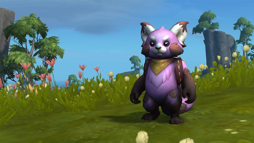 a short-statured bipedal red panda colored purple with a golden scarf and backpack standing against a blue sky and grassy field
