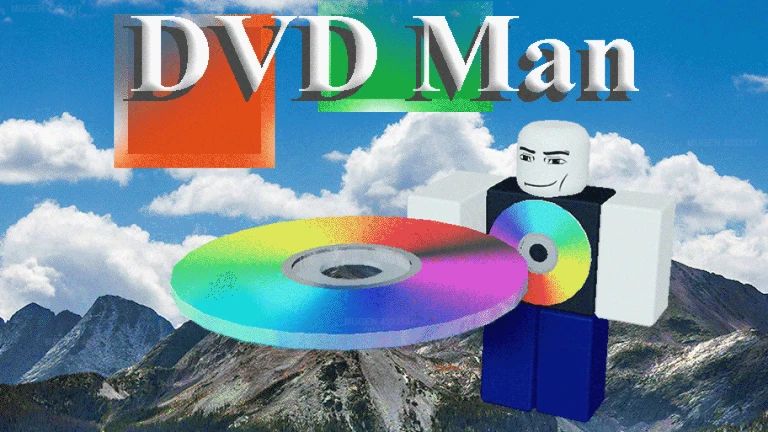 the thumbnail of the game 'DVD MAN' on roblox. it shows a bald roblox character with the classic man face holding a giant rainbow DVD. the same DVD is depicted on his torso. the background is a real-life image of a mountain range. at the top of the thumbnail, it is dubbed 'DVD Man'.