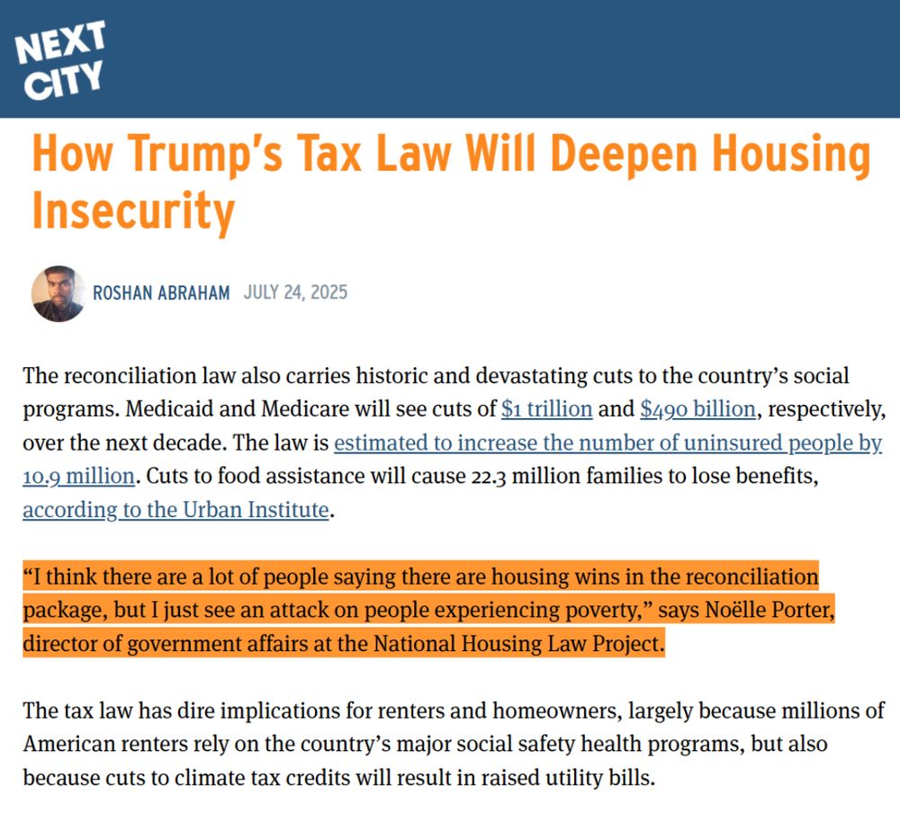 Graphic with text reading:  “I think there are a lot of people saying there are housing wins in the reconciliation package, but I just see an attack on people experiencing poverty,” says Noëlle Porter, director of government affairs at the National Housing Law Project.