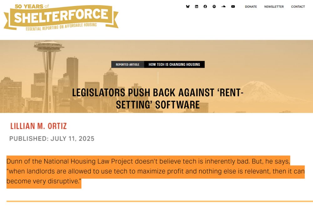 Graphic with text reading: “When landlords are allowed to use tech to maximize profit and nothing else is relevant, then it can become very disruptive,” said NHLP’s Eric Dunn