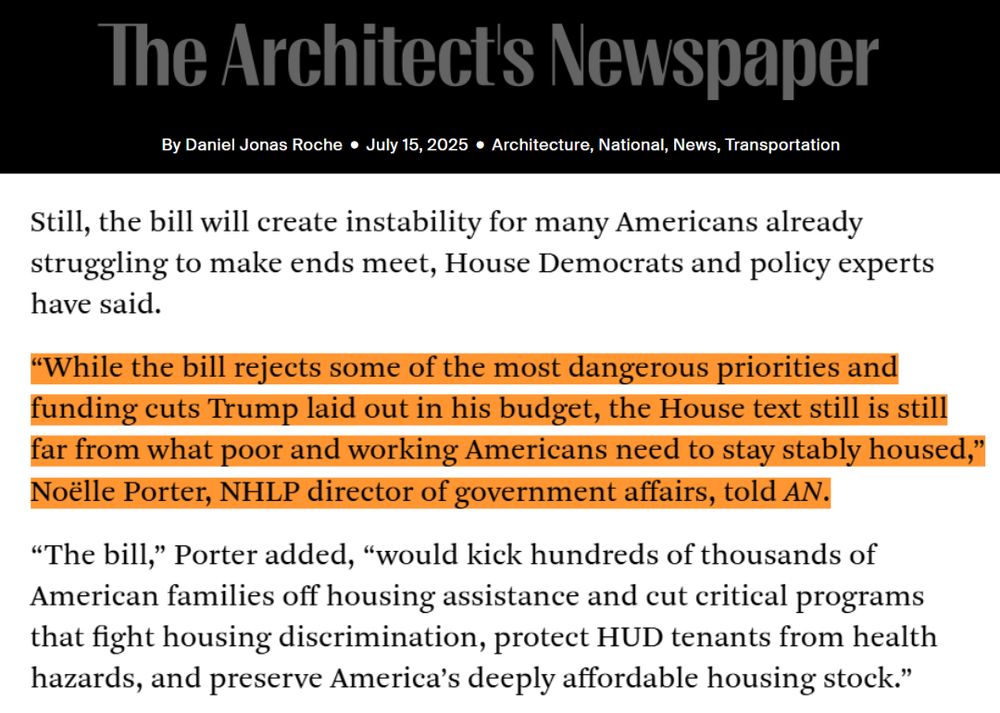 Graphic with text reading: “While the bill rejects some of the most dangerous priorities and funding cuts Trump laid out in his budget, the House text still is still far from what poor and working Americans need to stay stably housed,” Noëlle Porter, NHLP director of government affairs, told AN.