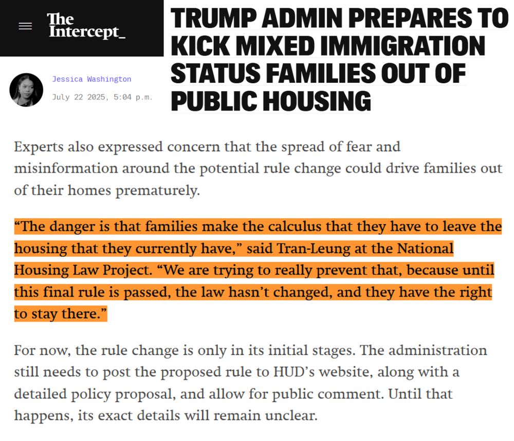 Graphic with text reading: “The danger is that families make the calculus that they have to leave the housing that they currently have,” said Tran-Leung at the National Housing Law Project. “We are trying to really prevent that, because until this final rule is passed, the law hasn’t changed, and they have the right to stay there.”