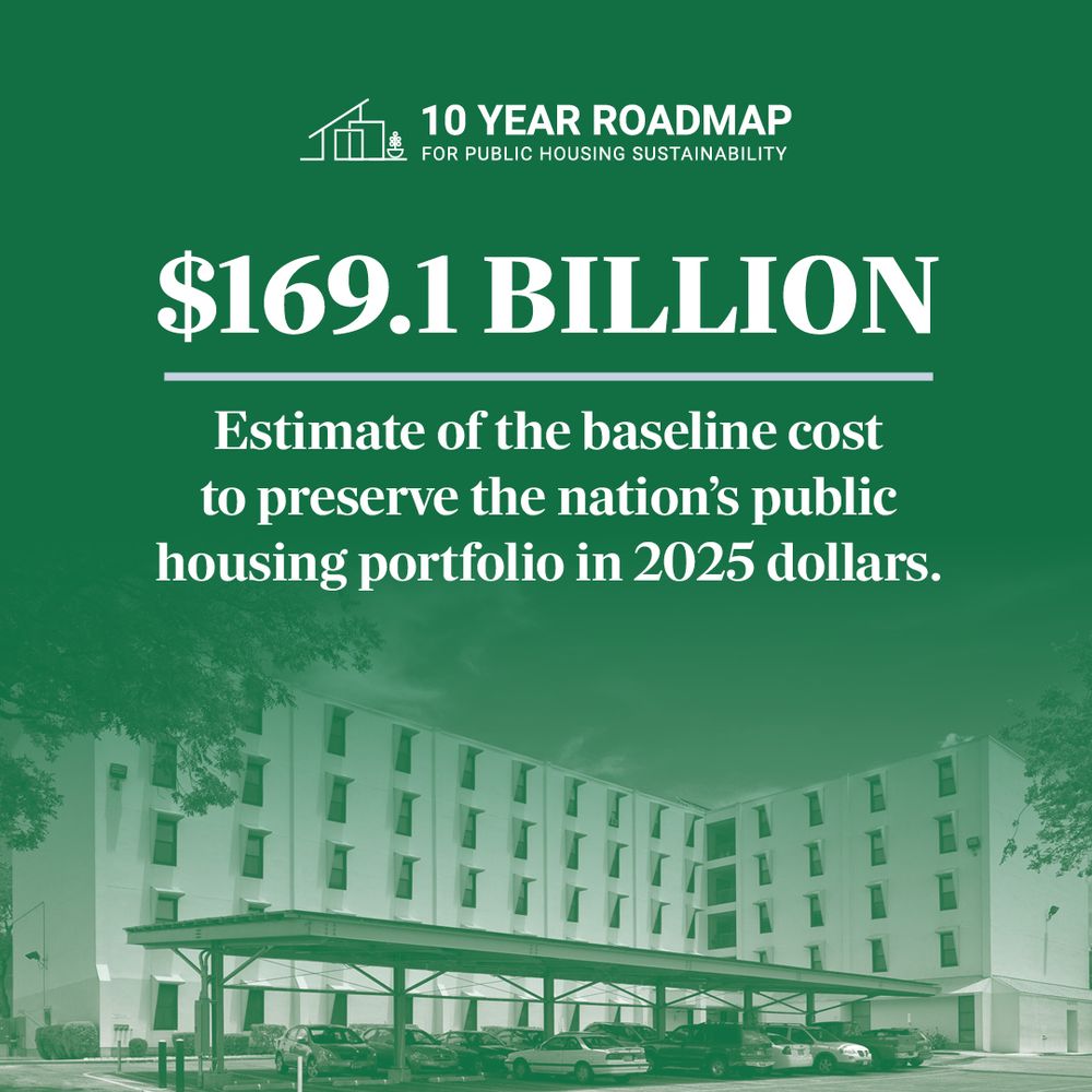 Green background that is opaque at the top and at the bottom features a white apartment complex with a car port in front of it. There is logo at the top reading "10 year roadmap for public housing sustainability". Below white text reads: "$169.1 billion -- estimate of the baseline cost to preserve the nation's public housing portfolio in 2025 dollars."