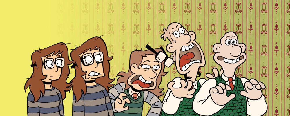 Drawing of a transformation sequence of Kati Knitt transforming into Wallace from Wallace & Gromit.