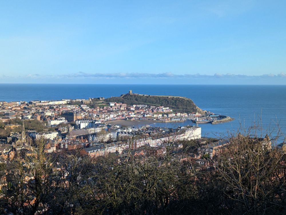 A view from the top of Oliver's Mount looking across the south bay, with Scarborough castle in the distance. 